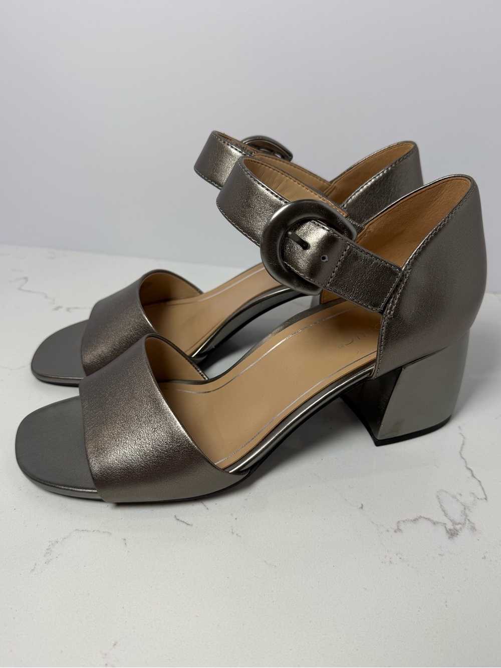 Vionic Chardonnay Metallic Pewter Ankle-Strap Block Heel Sandals